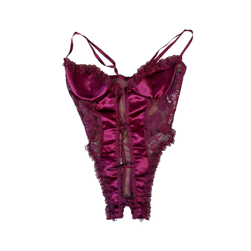 Vintage 80s Burgundy Satin Lace Crotchless Thong Teddy Lingerie S USA Red Sexy /